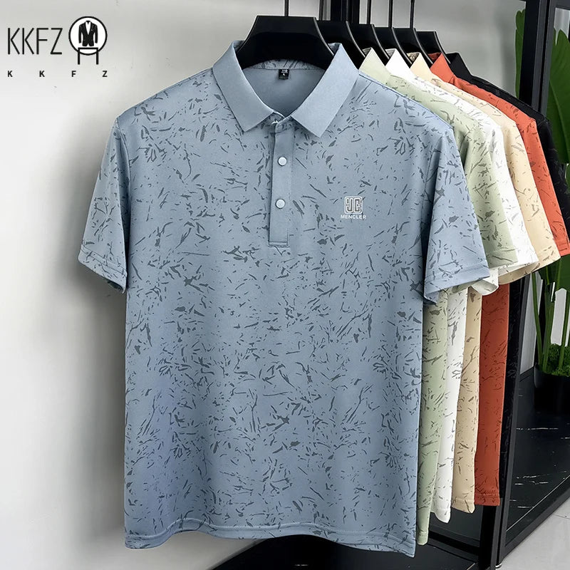 Business Casual Mens Splash Pattern Polo Short Sleeve Breath Mesh Short Vacation And Weekend Party Apparel