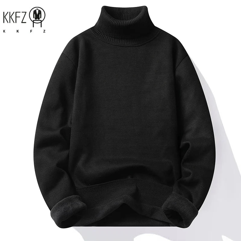 Male Long Sleeve Turtleneck Knit Top Thick Fleece Lining Warm Thermal Pullover Loose Fit Daily Casual Basic Clothes