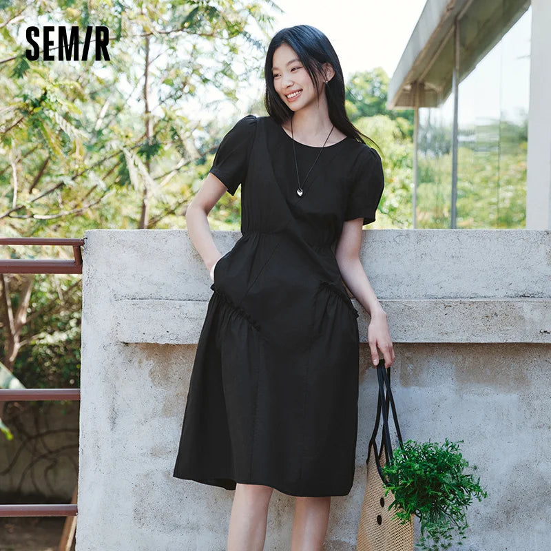 Semir Women Dress Irregular Spliced Ruffle Puff Sleeve Waist Trimming Stylish Midi 2026 Elegant Fashion Casual Daily Wear