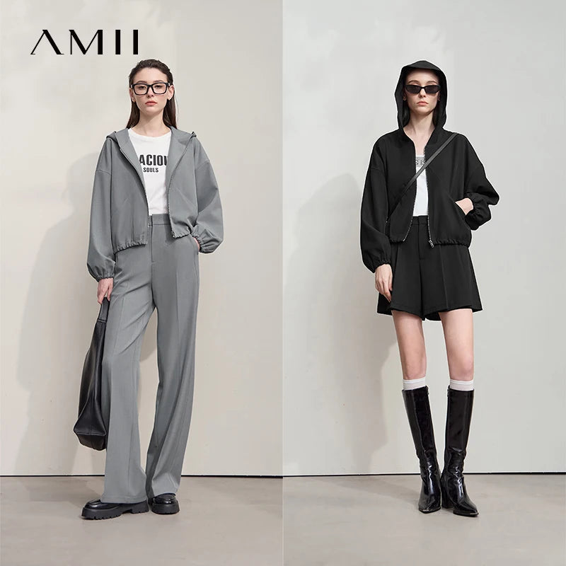 អាវធំ AMII សម្រាប់នារី សាមញ្ញ ងាយស្រួលប្រើ រដូវស្លឹកឈើជ្រុះ ឆ្នាំ២០២៥ អាវខ្លីថ្មី អាវក្រៅដៃវែង មានក្រណាត់ រលុង 12553002