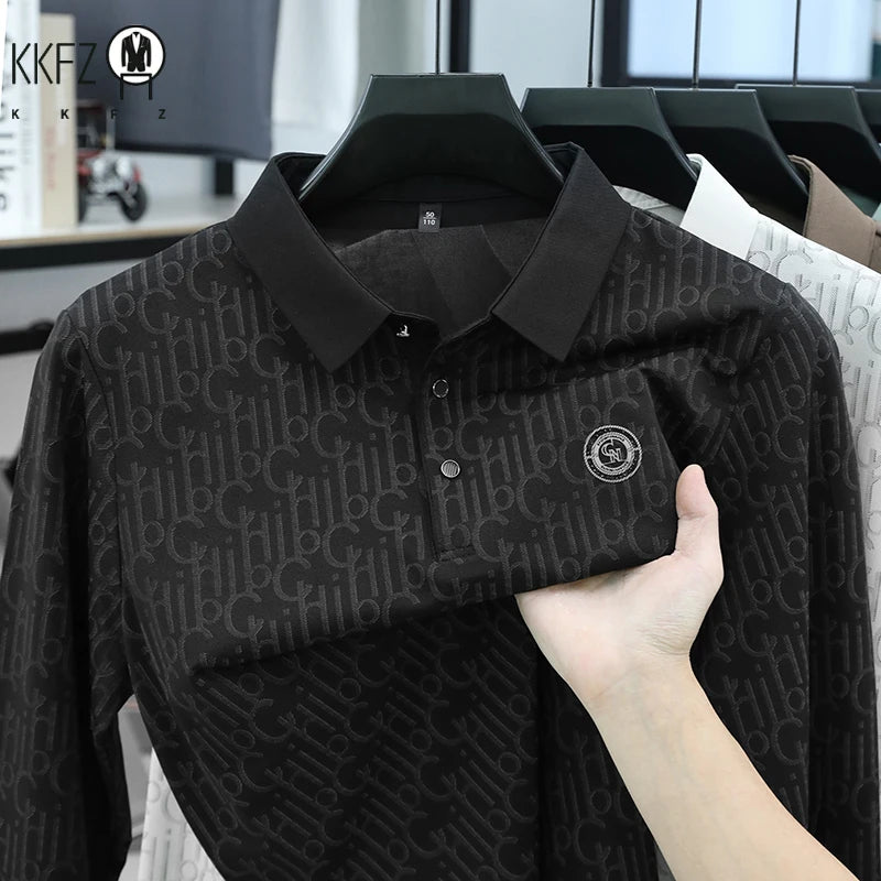 Mens Mesh Fabric Polo Shirt Short Sleeve Turn Down Collar Allover Letter Print Chest Embroidery Relax Fit Office Top