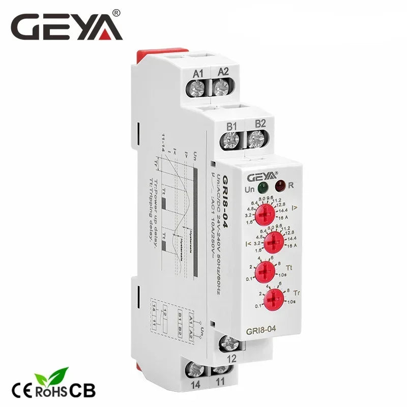 GEYA GRI8-03/04 ឧបករណ៍ត្រួតពិនិត្យចរន្តលើស និងក្រោម 0.5A 1A 2A 5A 8A 16A រេឡេត្រួតពិនិត្យចរន្ត