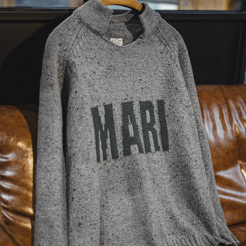 Maden Vintage Men's Gray Letter Jacquard Sweater V-Neck Draped Pullover Thermal Heathered Effect Knitwear for Autumn Winter
