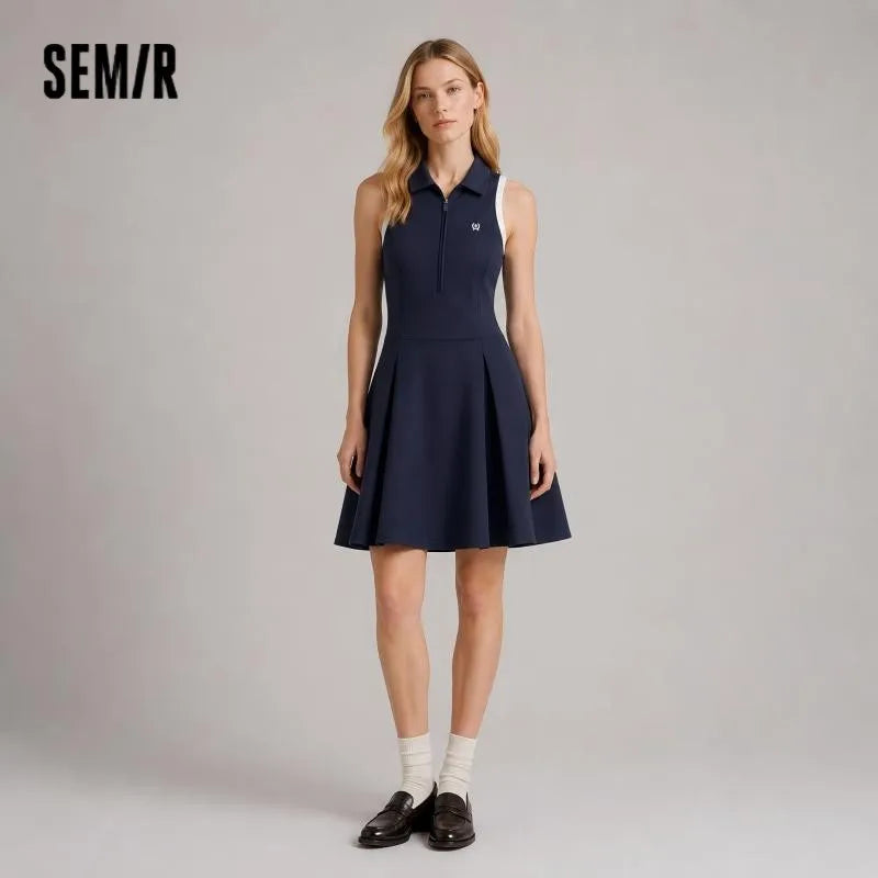 Semir Women Dress Pleated Color Block Polo Collar Minimalist Sporty Tank Mini 2026 Summer Casual Top