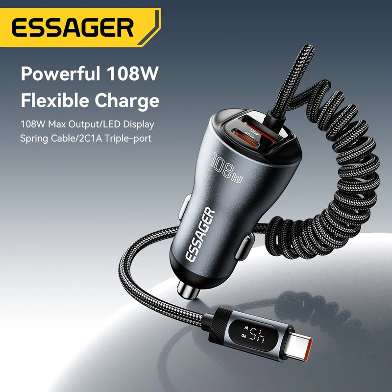 ឆ្នាំងសាករថយន្ត Essager 108W រន្ធ USB-C និង USB-A PD QC4.0 សាកថ្មលឿនជាមួយខ្សែបង្ហាញឌីជីថលសម្រាប់ iPhone 17 Pro MacBook