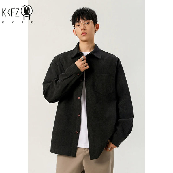 Male Trendy Corduroy Shirt Full Button Lapel Collar Chest Pocket For Short Trip Social Gathering And Street Wear