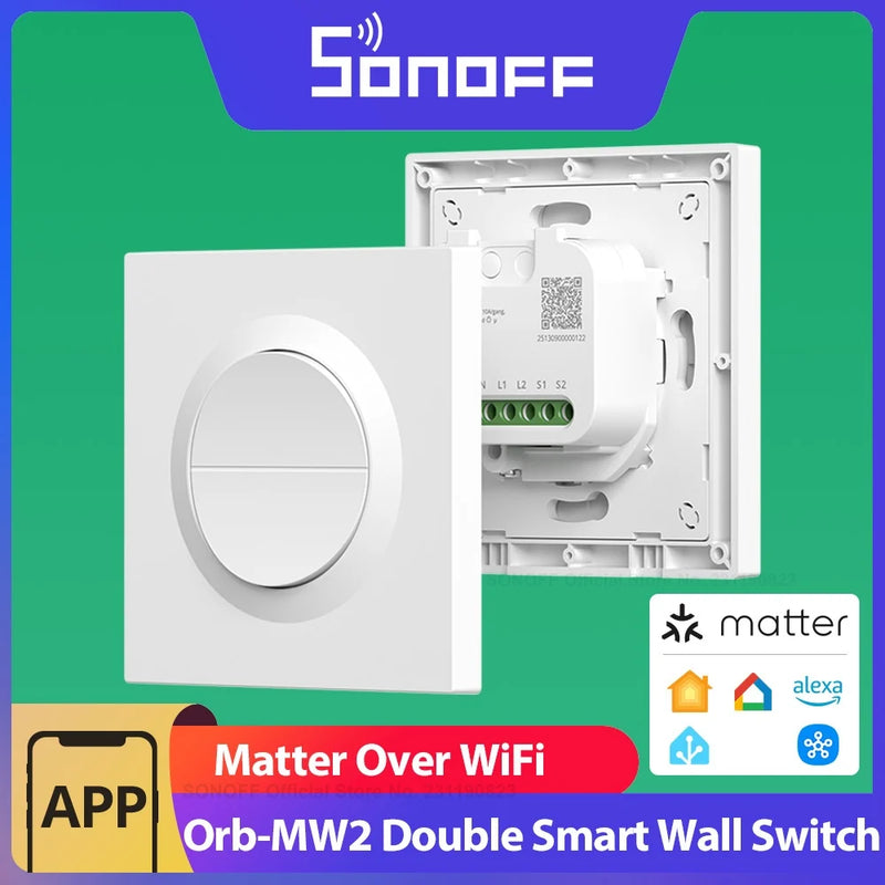 SONOFF Orb-MW2 Matter over WiFi 2-Gang Smart Wall Switch 16A Dual-Channel Total Load Detach Relay Mode Remote Control MINI-2GS-E