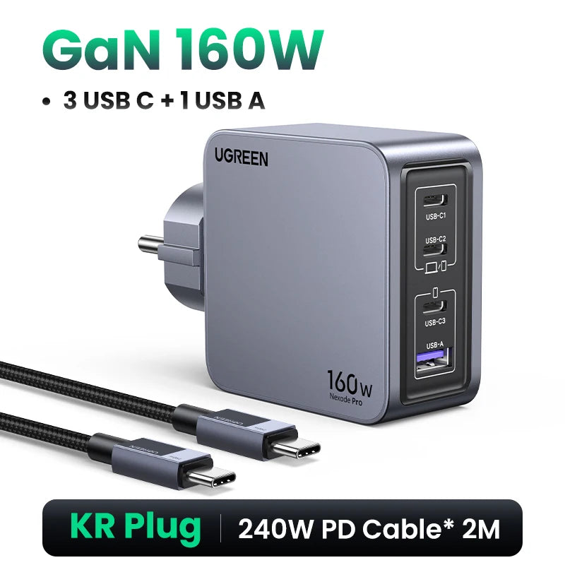 【Korean Plug】UGREEN 160W GaN Charger PD3.1 QC4.0 Quick Charge For Macbook Pro Laptop iPhone 18 17 Pro Max  Xiaomi Tablet iPad
