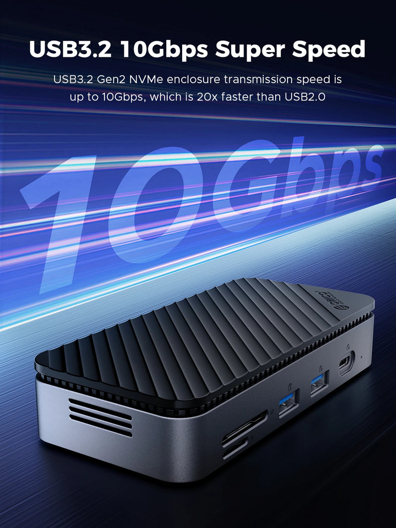ORICO M2P7 USB C HUB with Cooling Fan M.2 NVMe SATA SSD Enclosure External 10Gbps HDMI-Com RJ45 SDTF Docking Station