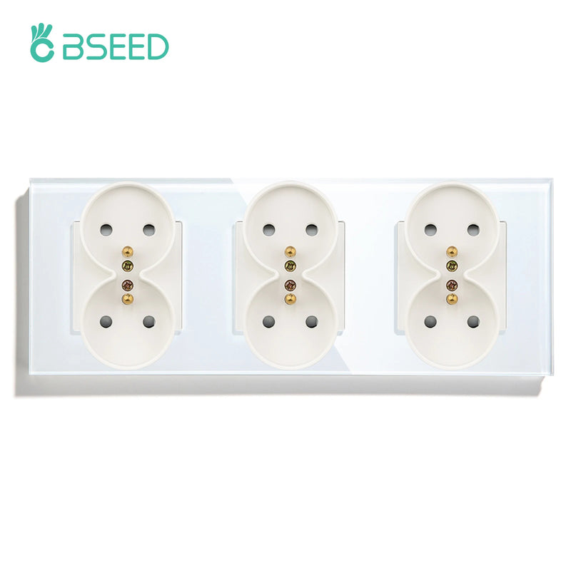 BSEED French Standard Single Wall Power Sockets Double Sockets Dual Electrical Outlets Glass Panel Children Protection 16A