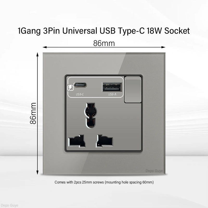 Grey UK 13A Tempered Glass USB Type C 18W Quick Charge Socket,Dual Universal Power Outlet,Home Light Electric Switch Panel
