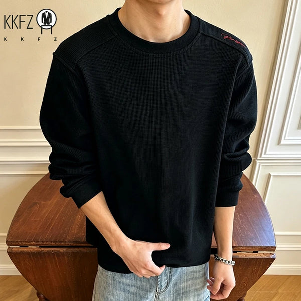 Men Basic Waffle Knit Round Neck Shirt Raglan Long Sleeve Shoulder Embroidery Oversized Fit Male Casual Top