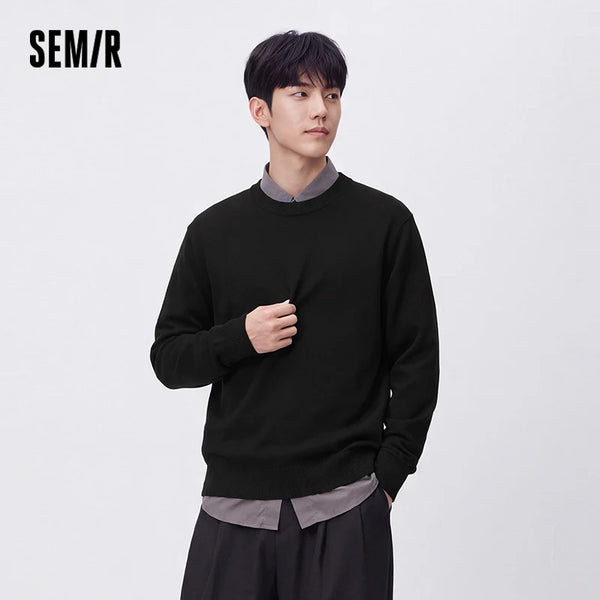 អាវយឺតបុរស Semir រោមចៀម Merino កមូល ទន់ ក្តៅ រដូវរងា ពណ៌រឹង ស្រួល ធម្មតា ប៉ាក់ស្រទាប់មូលដ្ឋាន