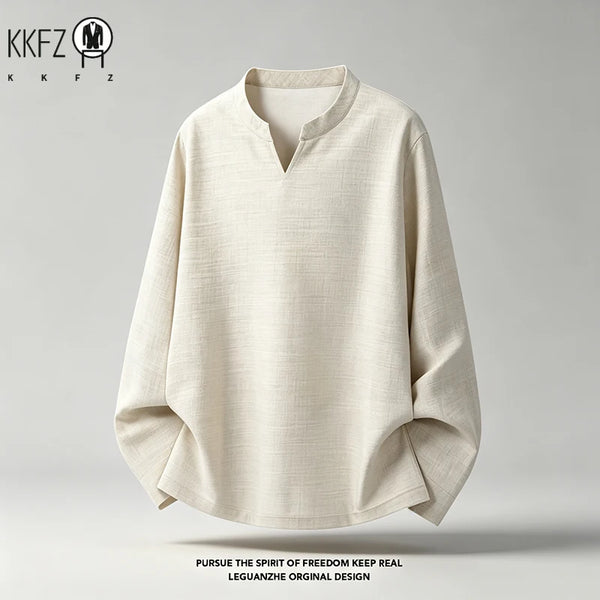 Mens Casual Loose Long Sleeve Top Mandarin Stand Collar V Notch Neck Linen Woven Breathable Fabric Wear