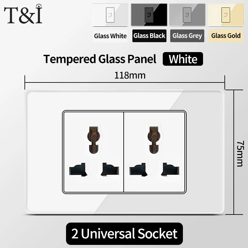 T&I Wall Switch Sockets With USB TypeC  Fast Charging, Italy Socket , Chile Schuko Outlet, Tempered Glass Panel for Home