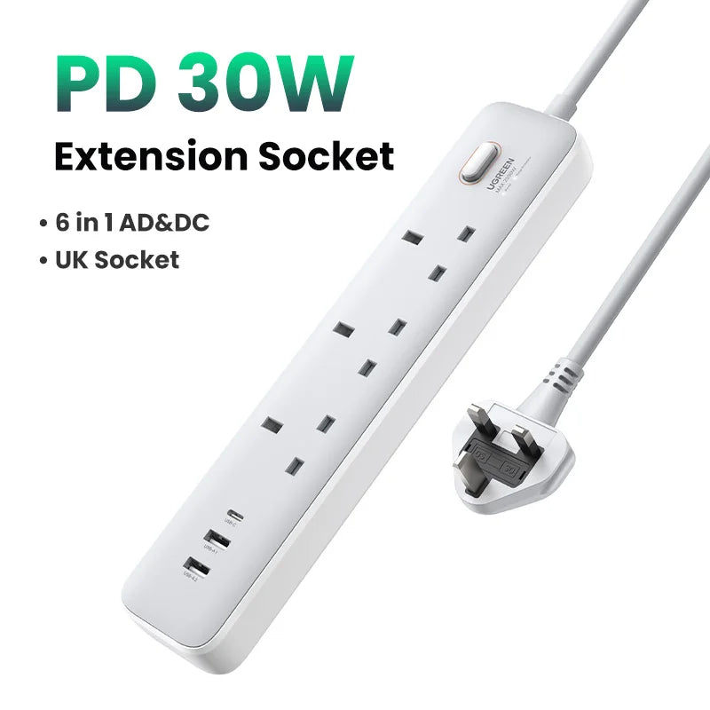 UGREEN 30W Desktop Charger Power Strip UK Plug Outlet Extension Adapter For iPhone 17 16 Pro Max Xiaomi Wall Fast Charger AD DC