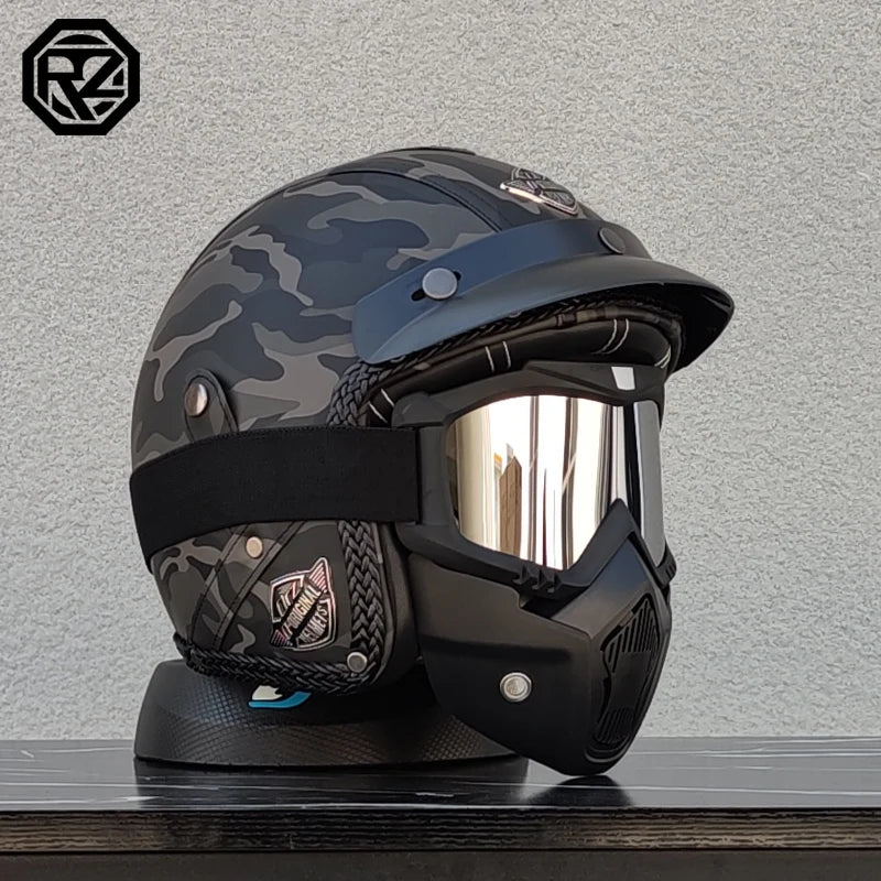 Vintage Leather 3/4 Jet Motorcycle Helmet, Handmade Leather Surface Adult Scooter Cruiser Riding Helmet Casque Moto