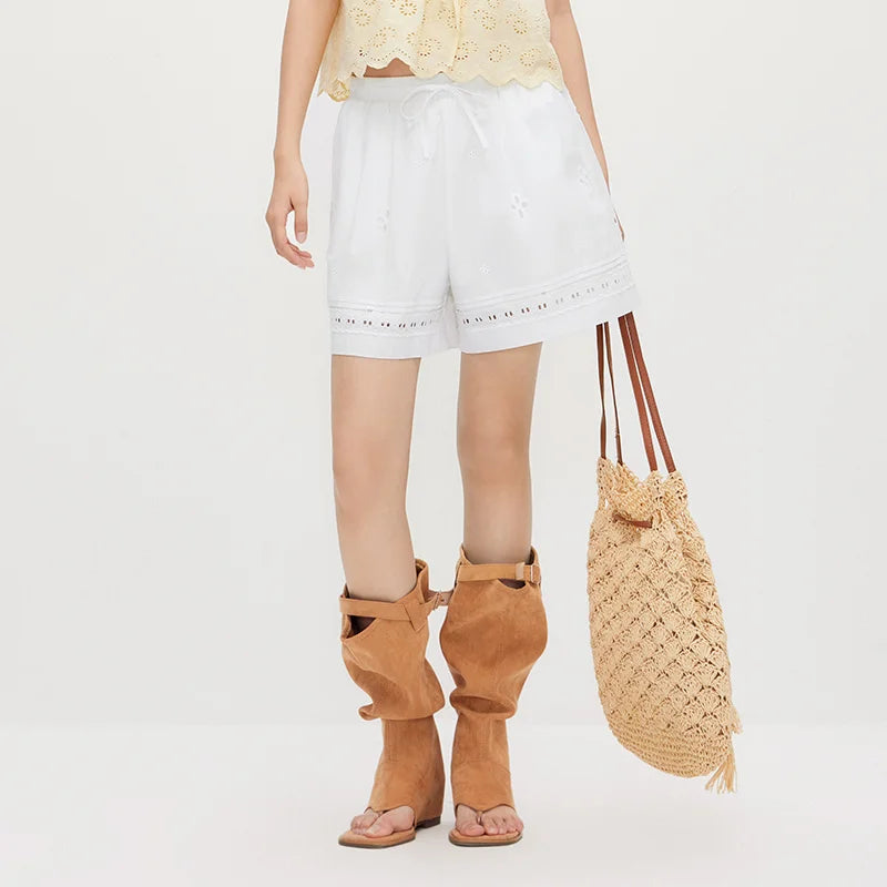 Semir Women Pants Casual Hollow Embroidered White Loose Minimalist Gentle 2026 Summer Fashion Daily Casual Top