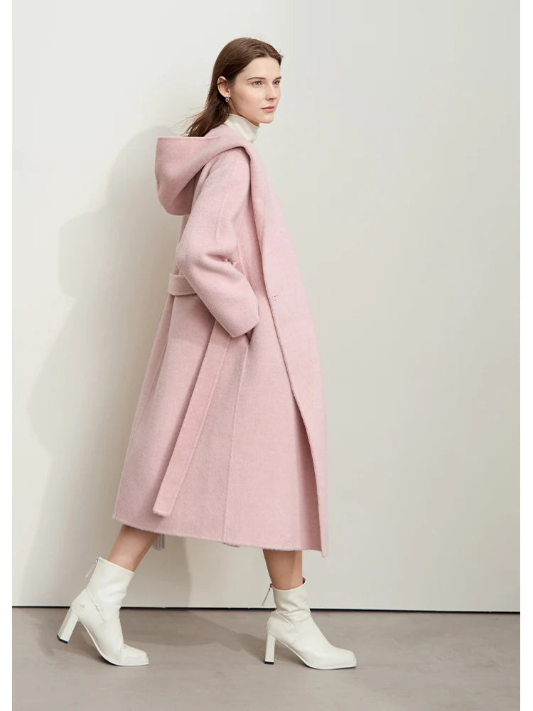 AMII Minimalist Women's Camel Wool Coat Female 2026 Warm Winter Coat Female Hooded Loose Elegant Long Jacket With Belt 12444125
