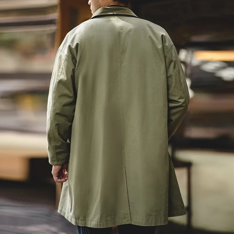 អាវធំ Maden Casual Balmacaan Trench Coat រាងរលុងពណ៌បៃតង Windbreaker Heavyweight Twill Vintage Long Jackets សម្រាប់រដូវស្លឹកឈើជ្រុះ និងរដូវរងារបស់បុរស
