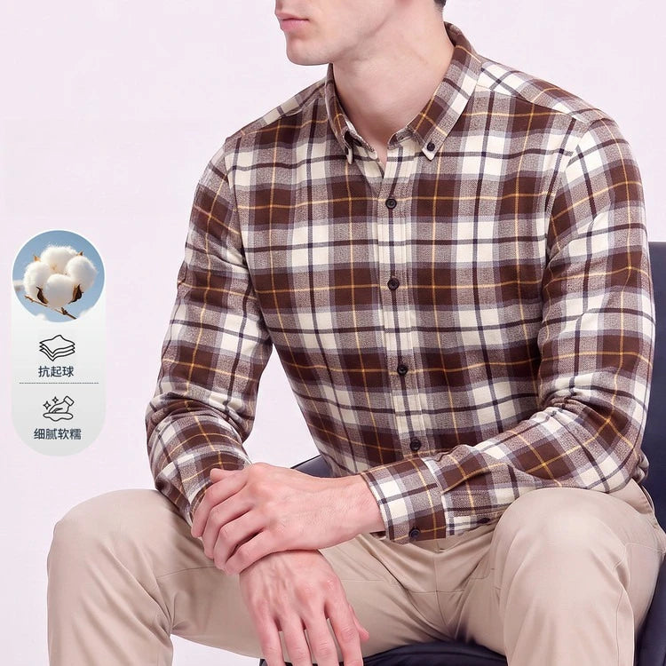 Men's 100% Cotton Brushed Plaid Long Sleeve Shirt – Soft Flannel Casual Button-Down for Outdoor & Daily Wear