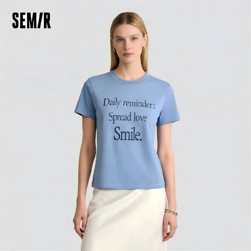 Semir Womens Tshirt 2026 Letter Printed Pure Cotton Regular Shoulder Crew Neck Trendy Casual Soft Daily Wear