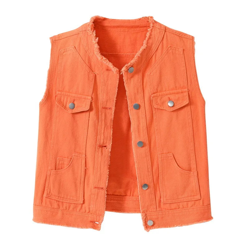 2026 Women's Pink Sleeveless Vest Jacket, Single Breasted Reason Denim Jacket, Asian Size, White Green Orange Yellow Available