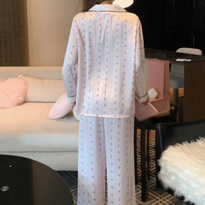 Floral Women's Ice Silk Lightweight Pajama Set Long Sleeve Top with Pants Spring/Fall Soft Silk Homewear Lounge Sleepwear Suit