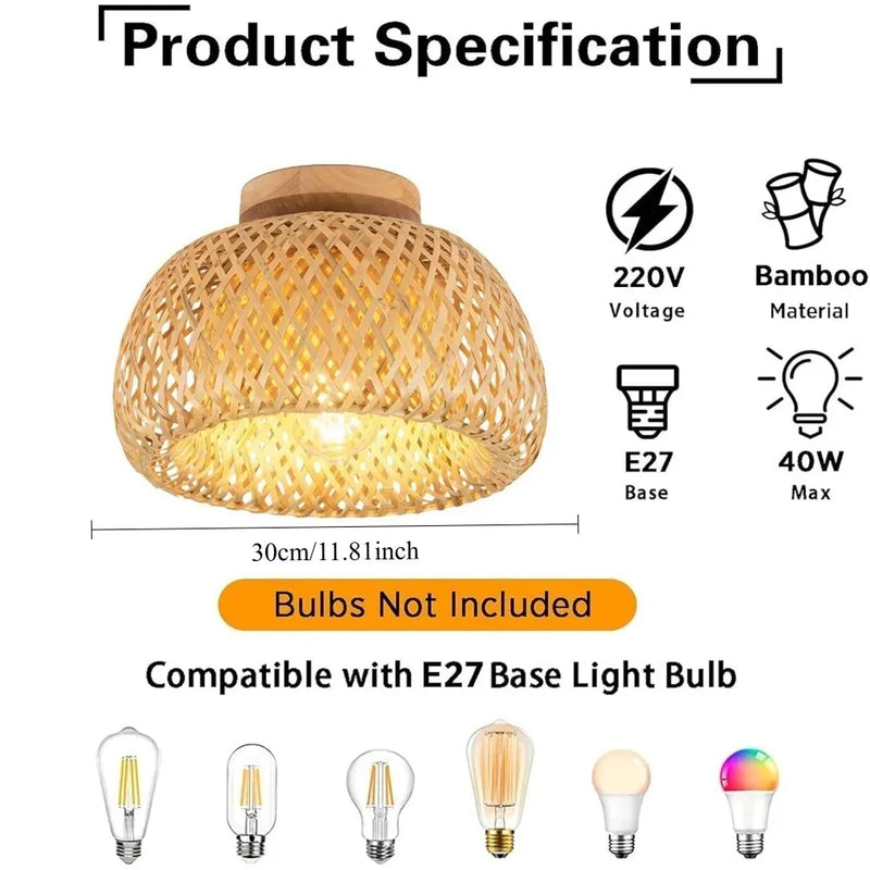 JOYINLED Bamboo Ceiling Light Semi Flush Mount Ceiling Lamp Handmade Boho Light Chandelier Farmhouse Light Fixtures 30/38CM
