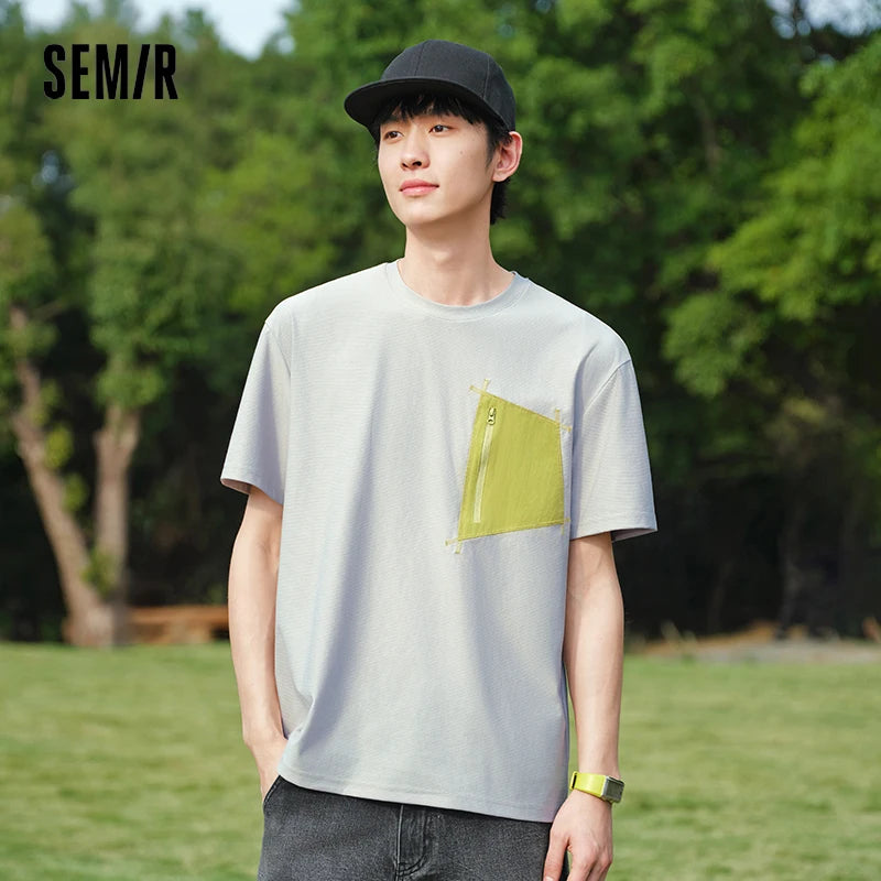 Semir Men Tshirt Color Block Pocket Knit Slightly Loose Quick Dry Crew Neck Top 2026 Summer Casual Fashion Wear
