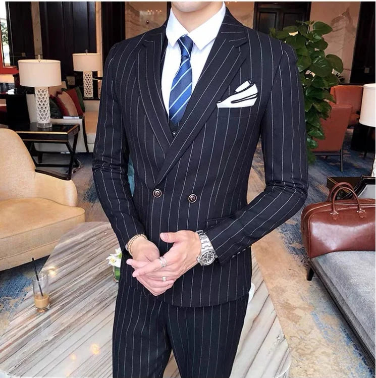 2026 Men Black Classic Striped/Checked Suits, Men's Business Office 3-Piece, Asian Size Slim Fit Sets, Blue/Gray Available