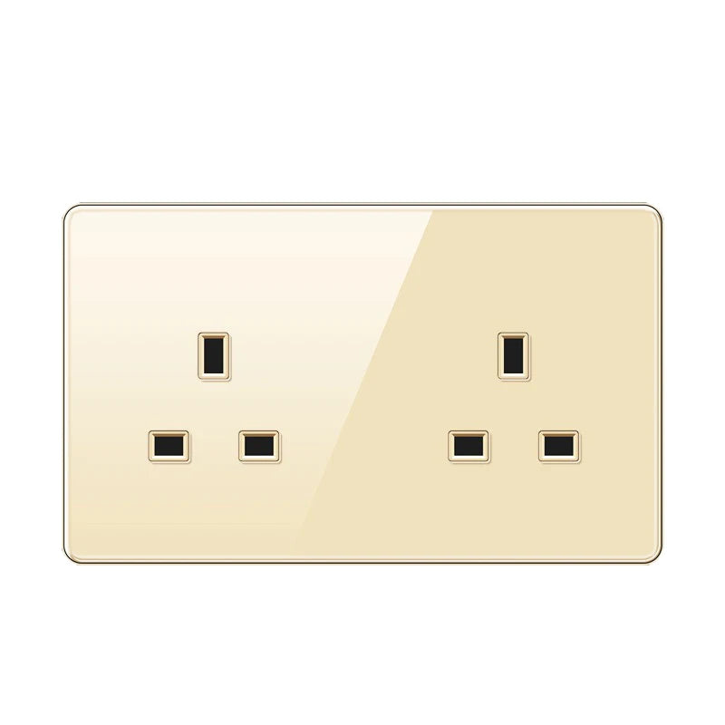 UK 13A Wall Tempered glass Socket Plug,British Standard Double 13A Wall Electrical Power Outlet Panel Black/White/Gray/Glod