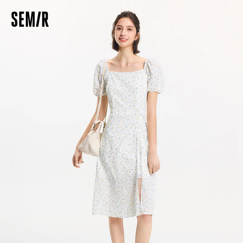 Semir Dress Women Puff Sleeve Romantic Playful Girly Summer French Square Neck Twist Split Chiffon Floral Dress