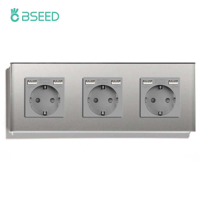 BSEED EU Wall Sockets Single Plugs Sockets Double 5V 2.1A USB Socket Phone Charge Glass Panel Power Sockets Kids Protection 16A