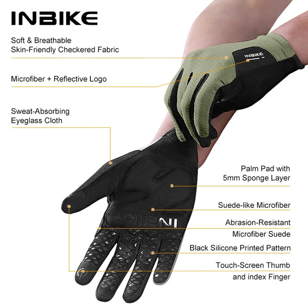 INBIKE 2025 Full Finger Cycling Gloves Touchscreen Anti-Slip Gel Palm Reflective Breathable Gloves for Road Bike MTB Accessories