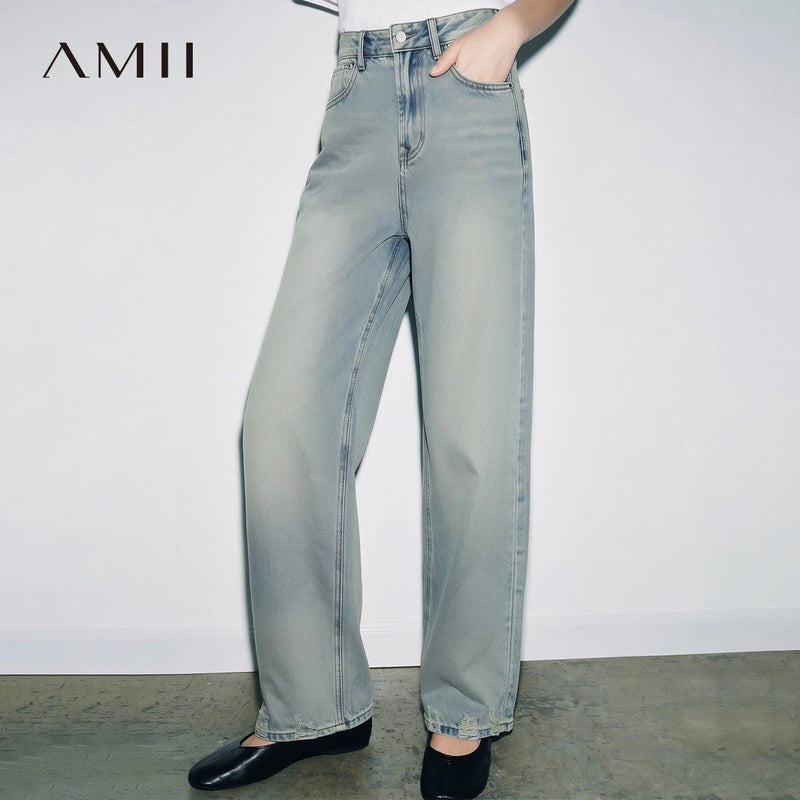 Amii Straight Leg Women's Jeans 2026 Autumn New Retro Cotton Denim Pants Breathable Distressed Casual Women Trousers 12643034