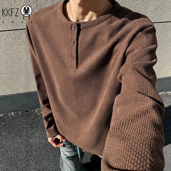 Mens Casual Loose Long Sleeve Henley Top Waffle Knit Texture Three Button Placket Breathable Fabric Daily Wear