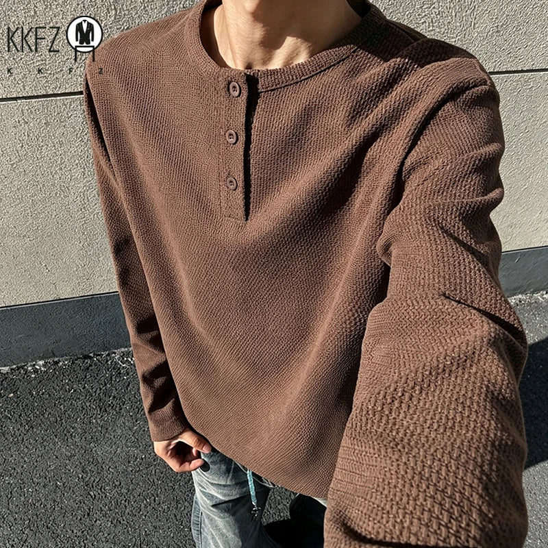 Mens Button Notch Henley Pullover Long Sleeve Waffle Knit Fabric Loose Fit For Daily And Casual Occasions