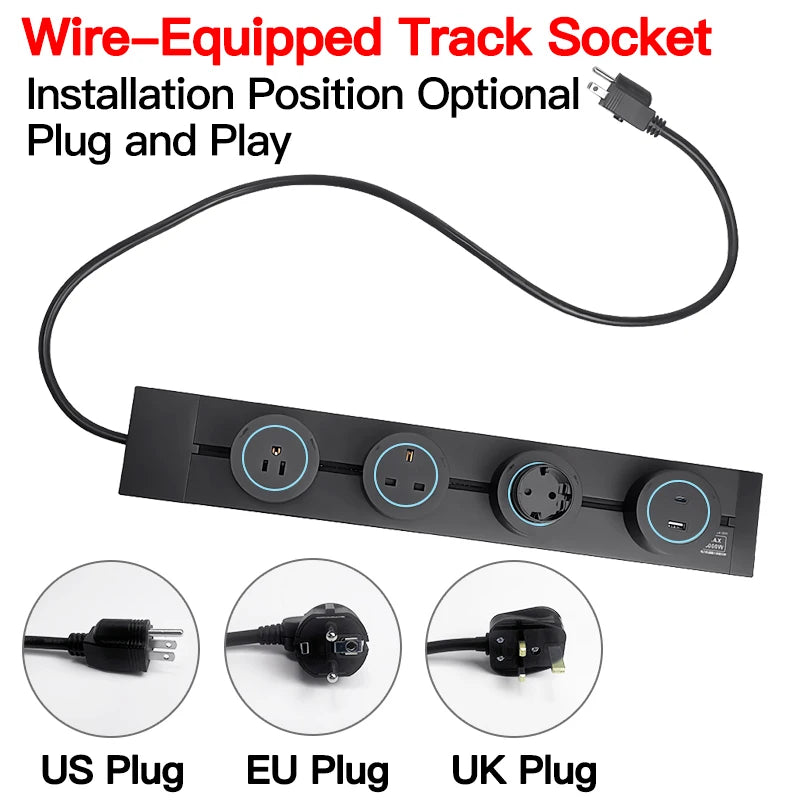 Multistandard Wall Power Track (40cm 50cm), USB-C Enabled Electric Sockets Plugs Adapters Grey Black for Office Use