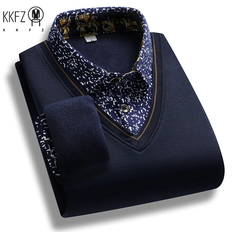 V Neck Piping Detail Fake Two Piece Shirt Men Fleece Lined Printed Collar Long Sleeve Travel and Family Gathering Wear