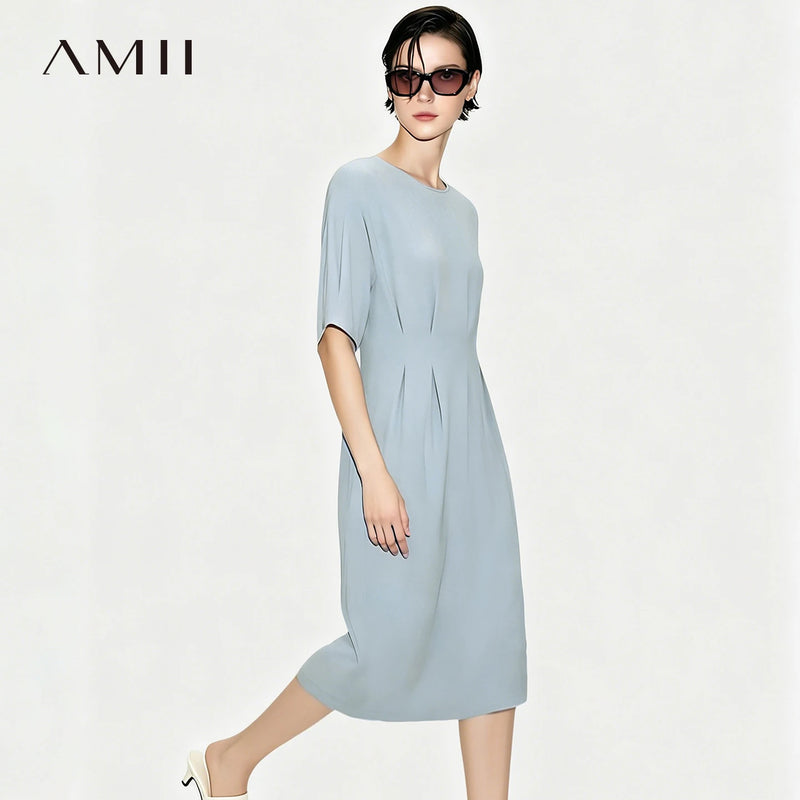 Amii Midi Dress Woman 2026 Summer New Round Neck Short Sleeve Dolman Elegant Office Fitted Waist Women's Casual Dresses 12622176