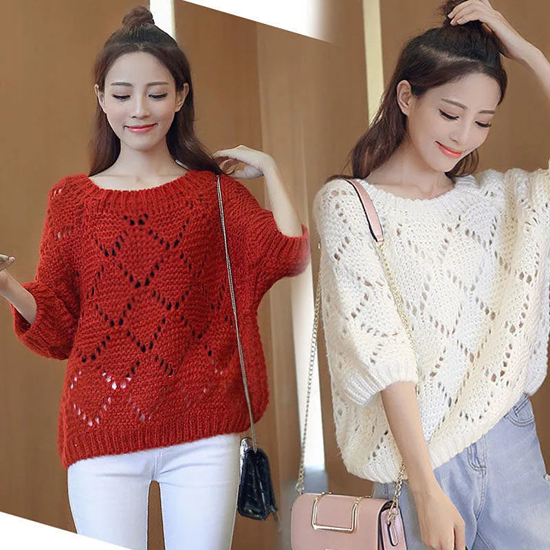 Spring Fall New Korean Ladies Sweaters Loose Casual Solid Color Sweater Half Sleeve Women's Top Pullover Femme Bottoming Shirt