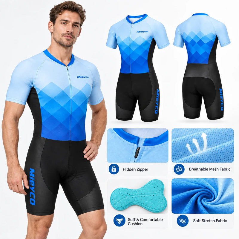 MIEYCO Men's Short Sleeve Triathlon Suit Quick Dry Breathable Padded Skinsuit Cycling Running Racing One Piece Sportswear