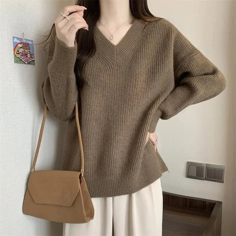 Lazy Style Sweater Long Sleeve Top Autumn Winter Solid Color Casual Women's Outside Wear Pullovers Knitting V Neck Pull Femme