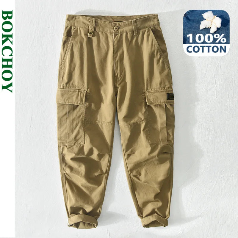Spring Autumn Cargo 100% Cotton Multi-Pockets Pants for Men Loose Vintage Casual Trouser AZ392