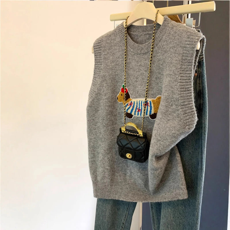 Basic Cartoon Sleeveless Vest Knitted Sweater Spring and Autumn Loose Ladies Knitwear Top Woolen Jackets Women Waistcoat