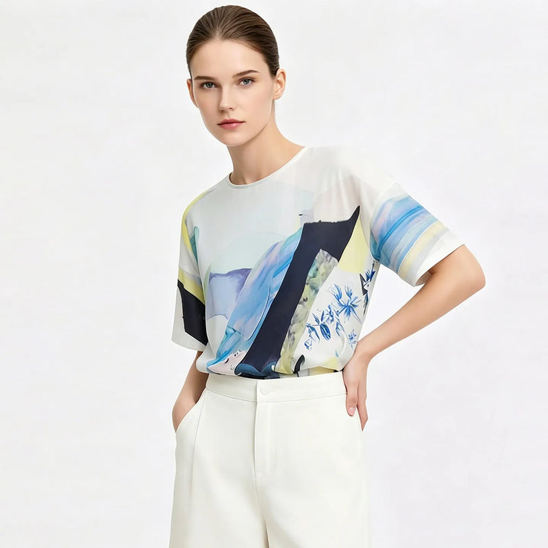 Amii Printed Women's Blouse 2026 Summer New Round Neck Drop Shoulder Chiffon Top Loose Breathable Casual Woman Clothes 12652010