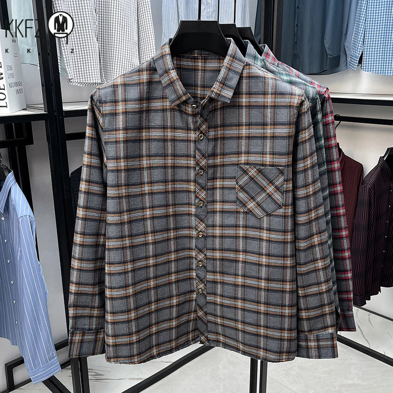 Men's Lapel Collar Plaid Shirt Long Sleeve Breathable Fabric Comfortable Lightweight Casual Business Daily Wear