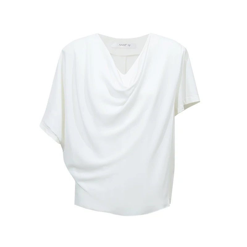 Amii Cowl Neck Women's T-Shirt 2026 Summer New Chiffon Patch Stretch Tee Loose Asymmetric Short Sleeve Top For Women 12622057