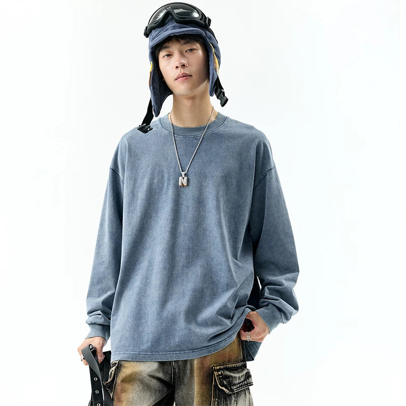 DUKEEN 100% Cotton Vintage Wash T-Shirt for Men Spring and Autumn Effortlessly Cool Retro Streetwear Long Sleeve Tops 320Gsm